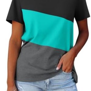 Womens T Shirt Short Sleeve Crew Neck Basic Color Block Tee Tops 9