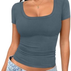 Trendy Queen Womens V Neck T-Shirts Going Out Tops Short Sleeve Slim Fit Basic Y2K Clothes 2024 7