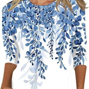 Womens Dressy Tops, Women's Fashion Casual Short Sleeve Flower Print Round Neck Pullover Top Blouse 8