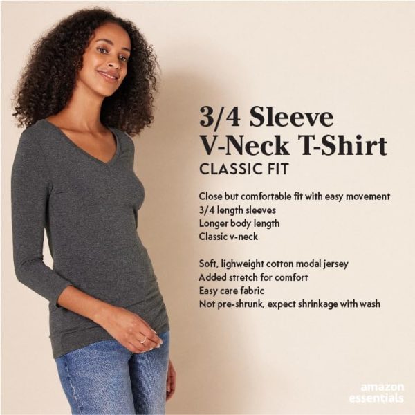 Amazon Essentials Women's Classic-Fit 3/4 Sleeve V-Neck T-Shirt (Available in Plus Size), Multipacks 2