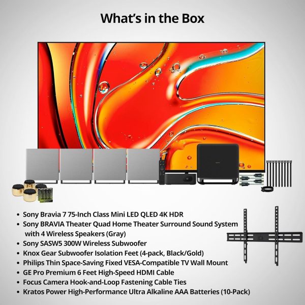 Sony BRAVIA 7 K-75XR70 75-Inch QLED 4K HDR TV Bundle with Home Theater System, Wireless Subwoofer, Subwoofer Isolation Feet, TV Wall Mount, HDMI Cable, Alkaline AAA Batteries, and Cable Ties (8 Items) 7