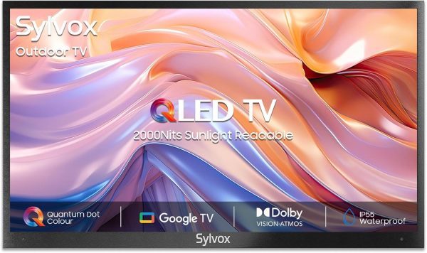 SYLVOX Outdoor TV, 55 inch Smart QLED TV, Full Sun Outdoor TVs, 2000 Nit Sunlight Readable Display, Weatherproof, 4K UHD, IP55 Waterproof, Built-in Speakers, Commercial Grade Smart TV(2024 Model) 1