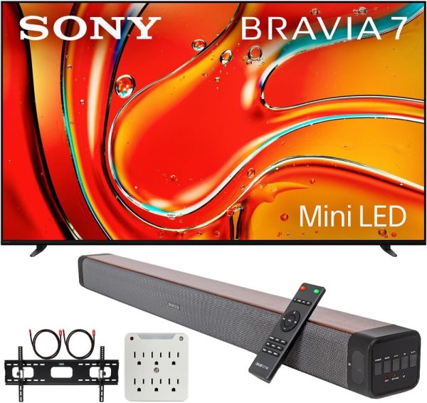 Sony BRAVIA 7 K55XR70 55" 4K HDR Smart QLED Mini-LED TV (2024) Bundle with Premium Deco Gear 60W 2.0 CH Soundbar + Deco Mount 37"-100" TV Wall Mount Bracket with Cleaning Kit + 6-Outlet Surge Adapter 1